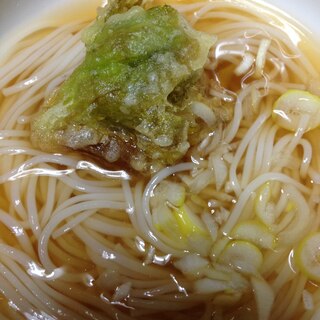 ふきのとうの天ぷらの冷たい素麺